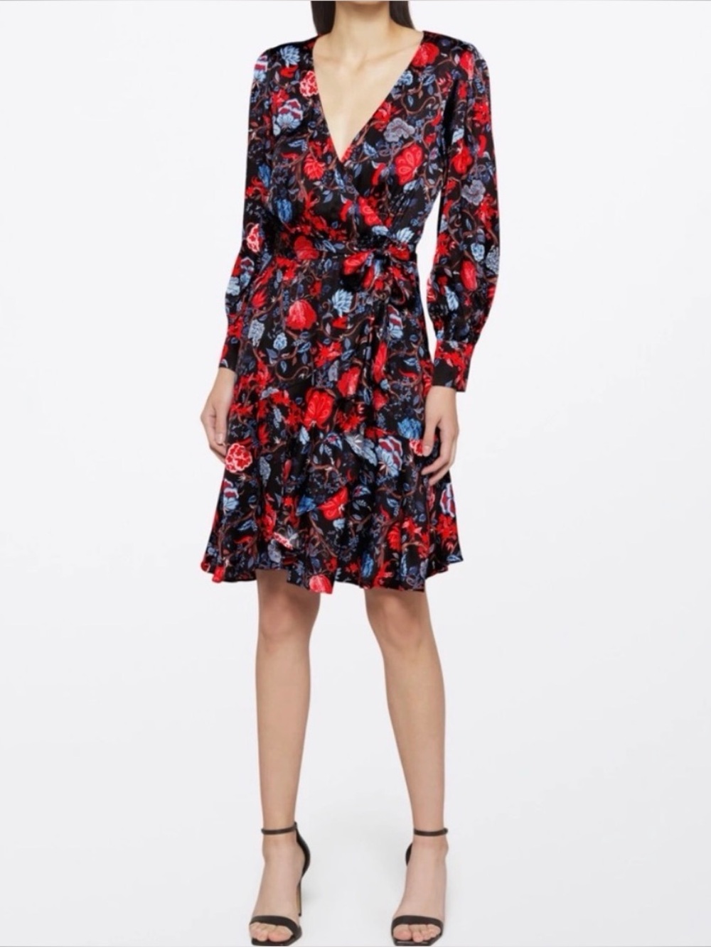 Chloe Kristyn Fleur Noir Fallon Faux Wrap Dress Women's Sz L Black Floral Satin